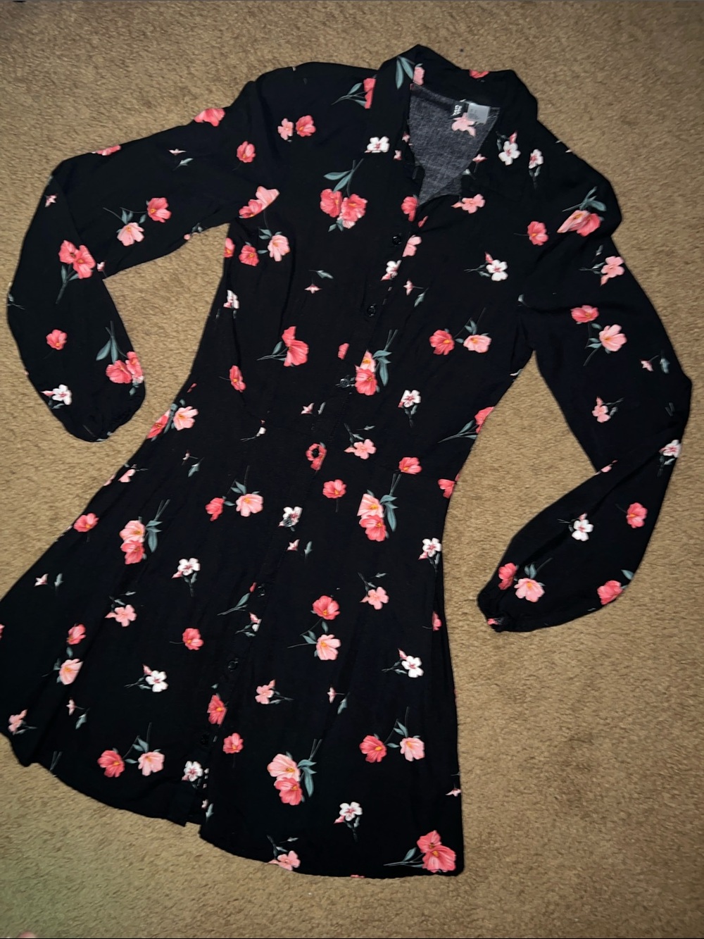 Divided Black Long-Sleeve Floral Button Dress